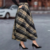 New-Border European American Women's Fashion Black and White Plaid Woolen Large Pocket Long Skirt Ha