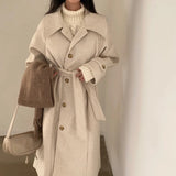 Women's long wool coat, wrap style.