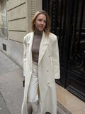 Women's long white wool coat with lapel