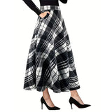 New-Border European American Women's Fashion Black and White Plaid Woolen Large Pocket Long Skirt Ha